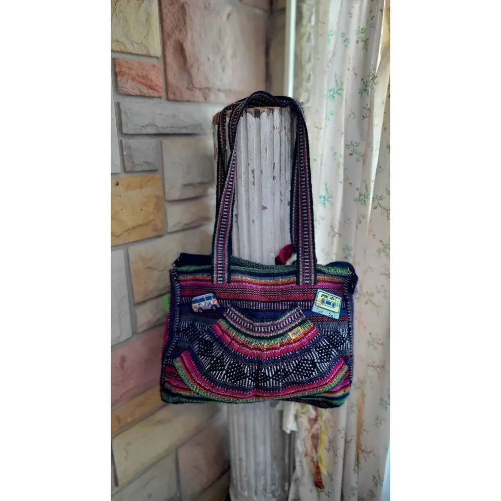 Unique embellished boho hippy purse vibrant colors and lace strands